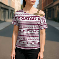 Qatar Christmas Cross Shoulder Shirt with Maroon-White Pattern, National Emblem, and Camel Motif - Wonder Print Shop