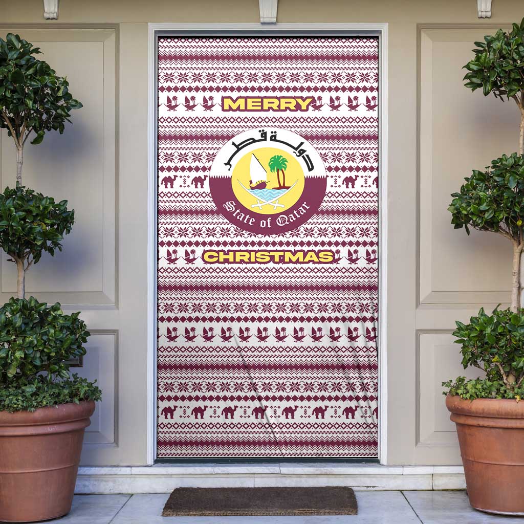 Qatar Christmas Door Cover with Maroon-White Pattern, National Emblem, and Camel Motif - Wonder Print Shop