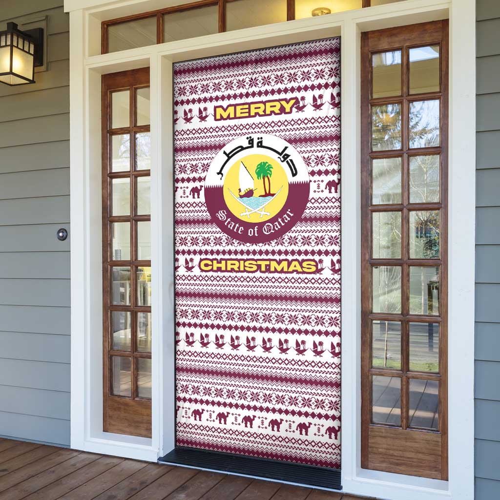 Qatar Christmas Door Cover with Maroon-White Pattern, National Emblem, and Camel Motif - Wonder Print Shop