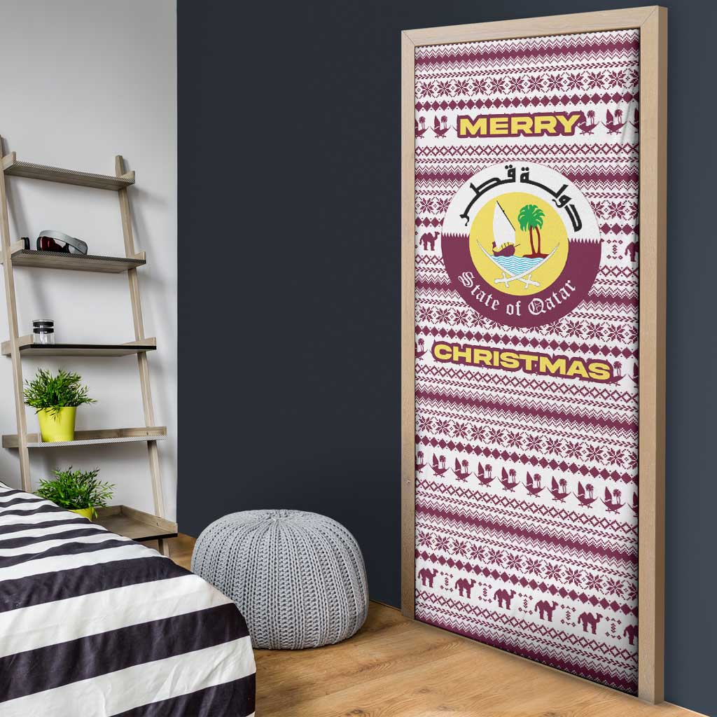 Qatar Christmas Door Cover with Maroon-White Pattern, National Emblem, and Camel Motif - Wonder Print Shop