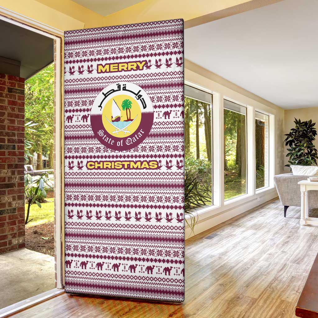 Qatar Christmas Door Cover with Maroon-White Pattern, National Emblem, and Camel Motif - Wonder Print Shop