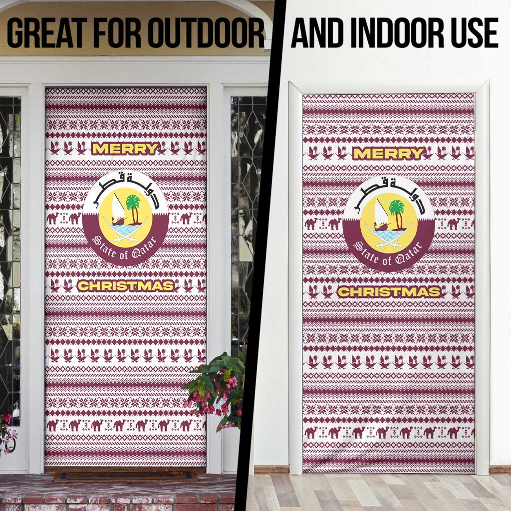 Qatar Christmas Door Cover with Maroon-White Pattern, National Emblem, and Camel Motif - Wonder Print Shop