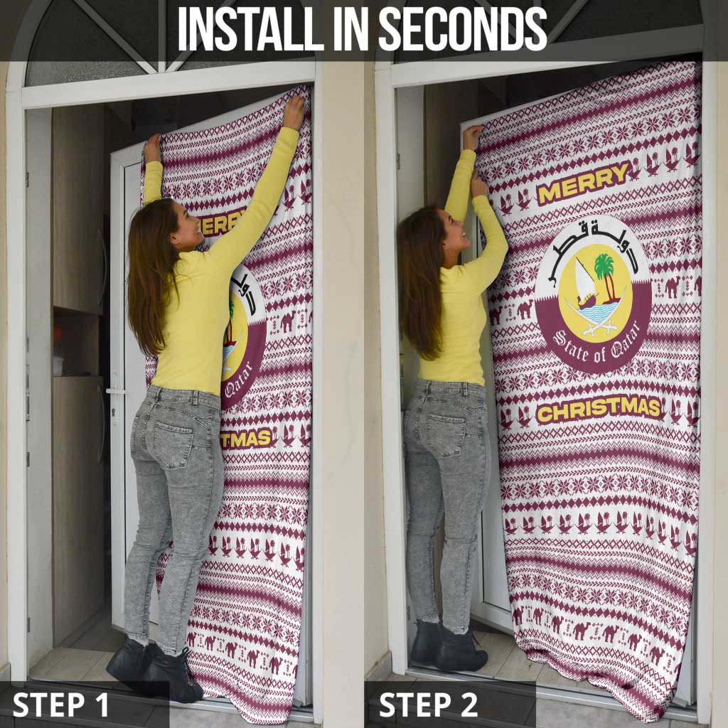 Qatar Christmas Door Cover with Maroon-White Pattern, National Emblem, and Camel Motif - Wonder Print Shop