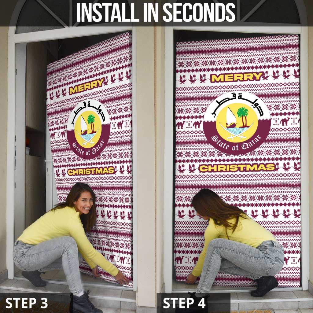 Qatar Christmas Door Cover with Maroon-White Pattern, National Emblem, and Camel Motif - Wonder Print Shop