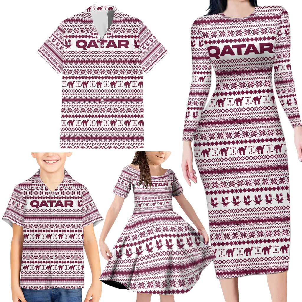 Qatar Christmas Family Matching Long Sleeve Bodycon Dress and Hawaiian Shirt with Maroon-White Pattern, National Emblem, and Camel Motif - Wonder Print Shop