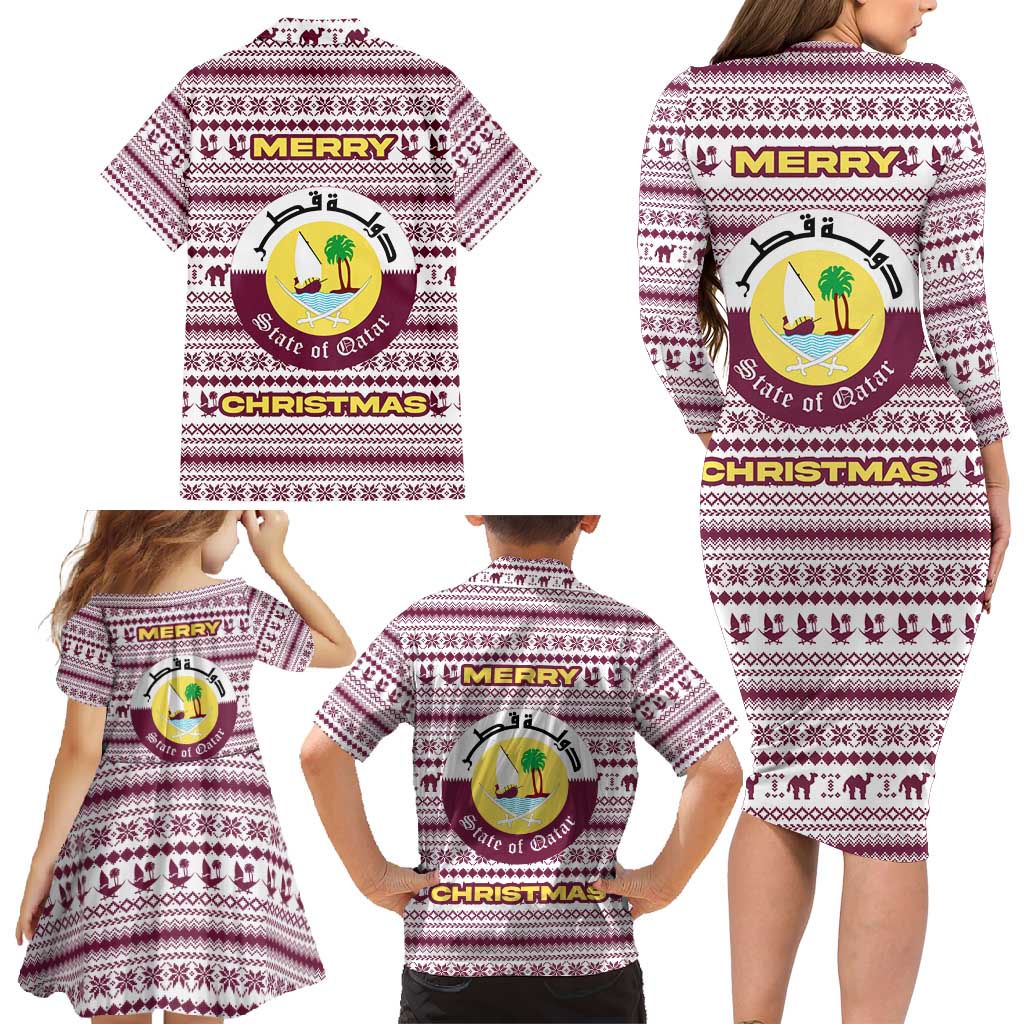 Qatar Christmas Family Matching Long Sleeve Bodycon Dress and Hawaiian Shirt with Maroon-White Pattern, National Emblem, and Camel Motif - Wonder Print Shop