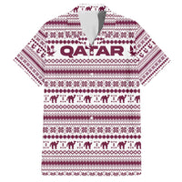 Qatar Christmas Family Matching Long Sleeve Bodycon Dress and Hawaiian Shirt with Maroon-White Pattern, National Emblem, and Camel Motif - Wonder Print Shop