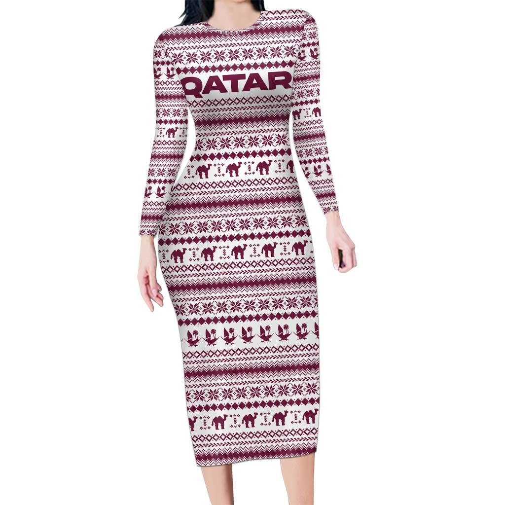 Qatar Christmas Family Matching Long Sleeve Bodycon Dress and Hawaiian Shirt with Maroon-White Pattern, National Emblem, and Camel Motif - Wonder Print Shop