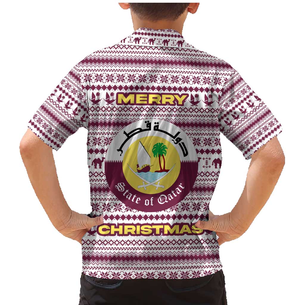 Qatar Christmas Family Matching Mermaid Dress and Hawaiian Shirt with Maroon-White Pattern, National Emblem, and Camel Motif - Wonder Print Shop