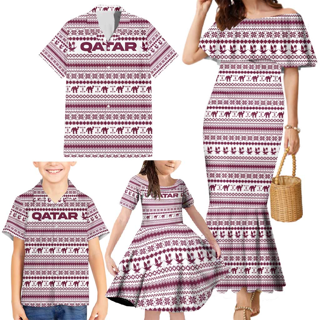 Qatar Christmas Family Matching Mermaid Dress and Hawaiian Shirt with Maroon-White Pattern, National Emblem, and Camel Motif - Wonder Print Shop