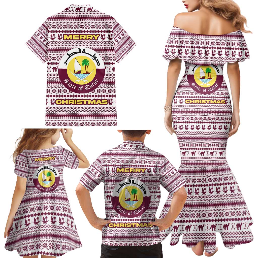 Qatar Christmas Family Matching Mermaid Dress and Hawaiian Shirt with Maroon-White Pattern, National Emblem, and Camel Motif - Wonder Print Shop