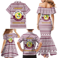 Qatar Christmas Family Matching Mermaid Dress and Hawaiian Shirt with Maroon-White Pattern, National Emblem, and Camel Motif - Wonder Print Shop