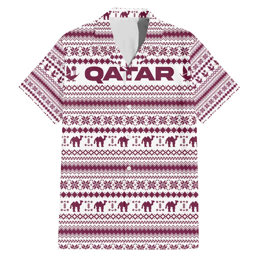 Qatar Christmas Family Matching Mermaid Dress and Hawaiian Shirt with Maroon-White Pattern, National Emblem, and Camel Motif - Wonder Print Shop