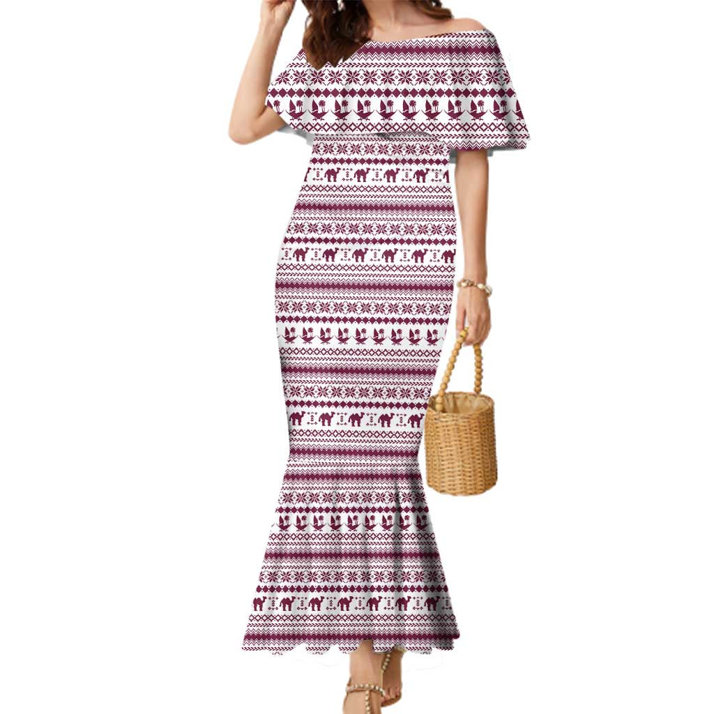 Qatar Christmas Family Matching Mermaid Dress and Hawaiian Shirt with Maroon-White Pattern, National Emblem, and Camel Motif - Wonder Print Shop