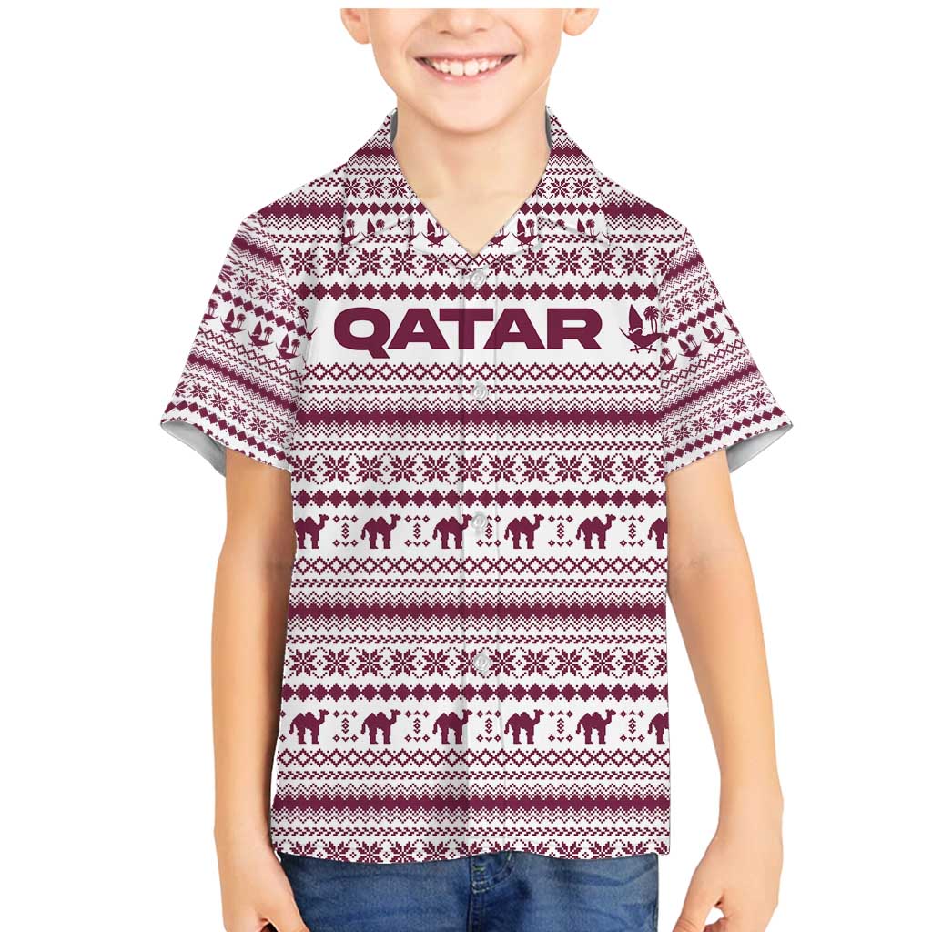 Qatar Christmas Family Matching Mermaid Dress and Hawaiian Shirt with Maroon-White Pattern, National Emblem, and Camel Motif - Wonder Print Shop