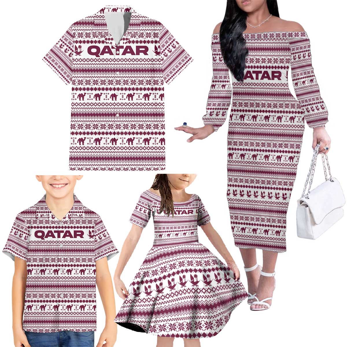 Qatar Christmas Family Matching Off The Shoulder Long Sleeve Dress and Hawaiian Shirt with Maroon-White Pattern, National Emblem, and Camel Motif - Wonder Print Shop