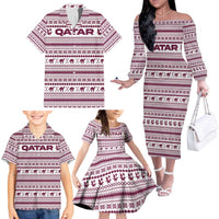 Qatar Christmas Family Matching Off The Shoulder Long Sleeve Dress and Hawaiian Shirt with Maroon-White Pattern, National Emblem, and Camel Motif - Wonder Print Shop