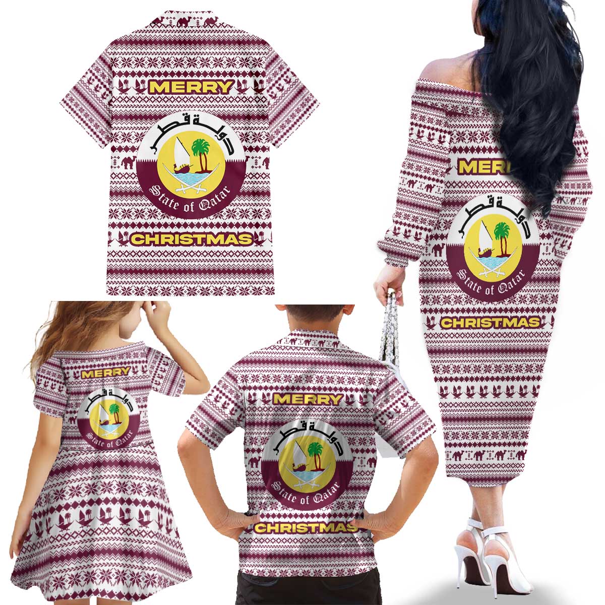 Qatar Christmas Family Matching Off The Shoulder Long Sleeve Dress and Hawaiian Shirt with Maroon-White Pattern, National Emblem, and Camel Motif - Wonder Print Shop