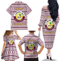 Qatar Christmas Family Matching Off The Shoulder Long Sleeve Dress and Hawaiian Shirt with Maroon-White Pattern, National Emblem, and Camel Motif - Wonder Print Shop