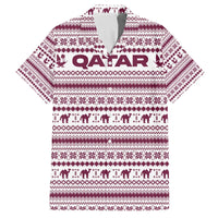 Qatar Christmas Family Matching Off The Shoulder Long Sleeve Dress and Hawaiian Shirt with Maroon-White Pattern, National Emblem, and Camel Motif - Wonder Print Shop