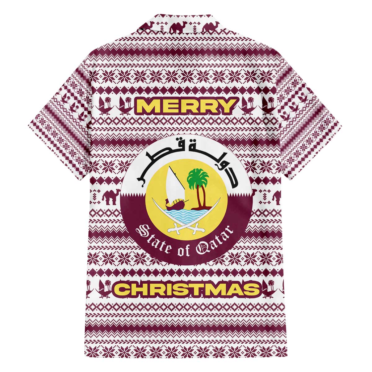 Qatar Christmas Family Matching Off The Shoulder Long Sleeve Dress and Hawaiian Shirt with Maroon-White Pattern, National Emblem, and Camel Motif - Wonder Print Shop