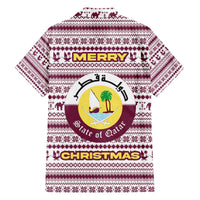 Qatar Christmas Family Matching Off The Shoulder Long Sleeve Dress and Hawaiian Shirt with Maroon-White Pattern, National Emblem, and Camel Motif - Wonder Print Shop
