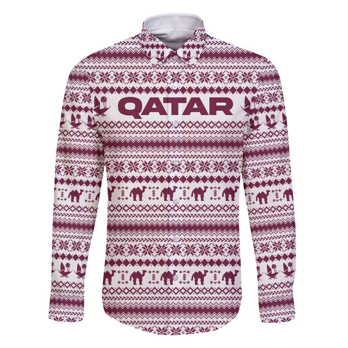 Qatar Christmas Family Matching Off The Shoulder Long Sleeve Dress and Hawaiian Shirt with Maroon-White Pattern, National Emblem, and Camel Motif - Wonder Print Shop