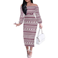 Qatar Christmas Family Matching Off The Shoulder Long Sleeve Dress and Hawaiian Shirt with Maroon-White Pattern, National Emblem, and Camel Motif - Wonder Print Shop
