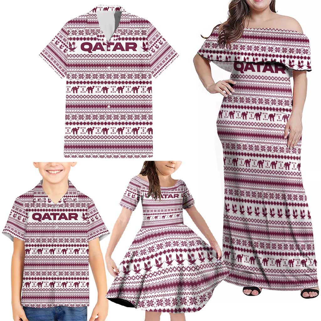 Qatar Christmas Family Matching Off Shoulder Maxi Dress and Hawaiian Shirt with Maroon-White Pattern, National Emblem, and Camel Motif - Wonder Print Shop