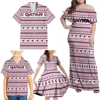 Qatar Christmas Family Matching Off Shoulder Maxi Dress and Hawaiian Shirt with Maroon-White Pattern, National Emblem, and Camel Motif - Wonder Print Shop