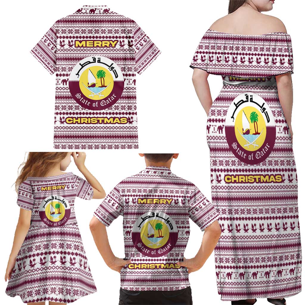 Qatar Christmas Family Matching Off Shoulder Maxi Dress and Hawaiian Shirt with Maroon-White Pattern, National Emblem, and Camel Motif - Wonder Print Shop