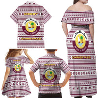 Qatar Christmas Family Matching Off Shoulder Maxi Dress and Hawaiian Shirt with Maroon-White Pattern, National Emblem, and Camel Motif - Wonder Print Shop