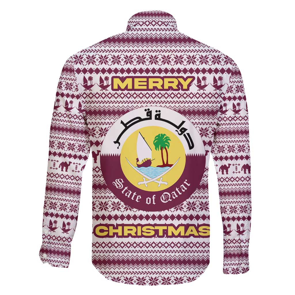 Qatar Christmas Family Matching Off Shoulder Maxi Dress and Hawaiian Shirt with Maroon-White Pattern, National Emblem, and Camel Motif - Wonder Print Shop