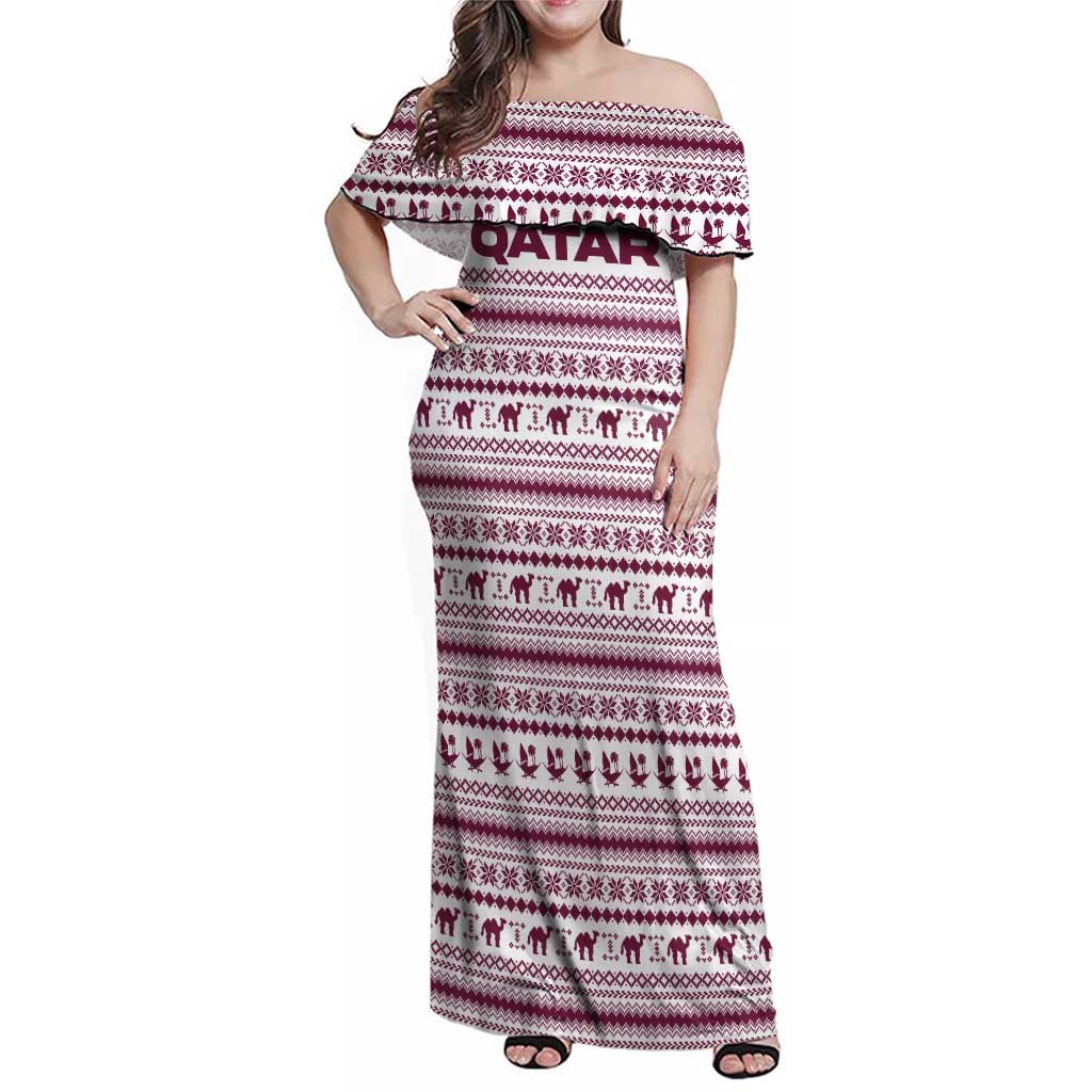 Qatar Christmas Family Matching Off Shoulder Maxi Dress and Hawaiian Shirt with Maroon-White Pattern, National Emblem, and Camel Motif - Wonder Print Shop