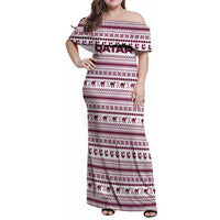 Qatar Christmas Family Matching Off Shoulder Maxi Dress and Hawaiian Shirt with Maroon-White Pattern, National Emblem, and Camel Motif - Wonder Print Shop