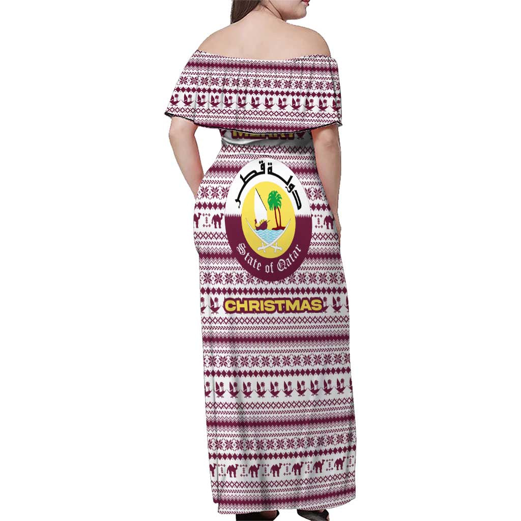 Qatar Christmas Family Matching Off Shoulder Maxi Dress and Hawaiian Shirt with Maroon-White Pattern, National Emblem, and Camel Motif - Wonder Print Shop