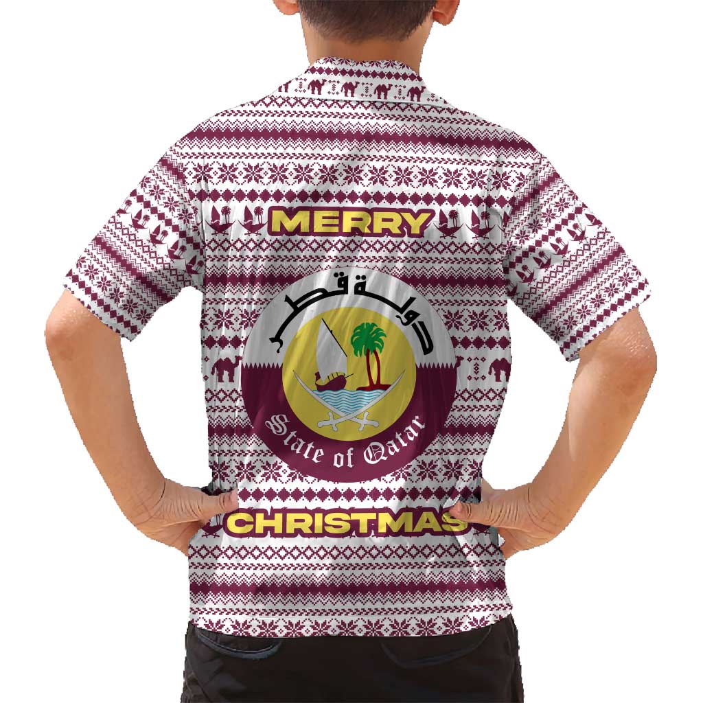 Qatar Christmas Family Matching Off Shoulder Short Dress and Hawaiian Shirt with Maroon-White Pattern, National Emblem, and Camel Motif - Wonder Print Shop