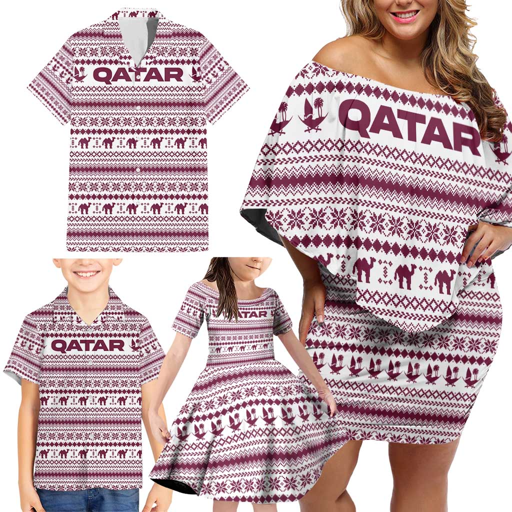 Qatar Christmas Family Matching Off Shoulder Short Dress and Hawaiian Shirt with Maroon-White Pattern, National Emblem, and Camel Motif - Wonder Print Shop