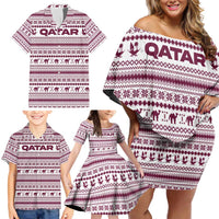 Qatar Christmas Family Matching Off Shoulder Short Dress and Hawaiian Shirt with Maroon-White Pattern, National Emblem, and Camel Motif - Wonder Print Shop