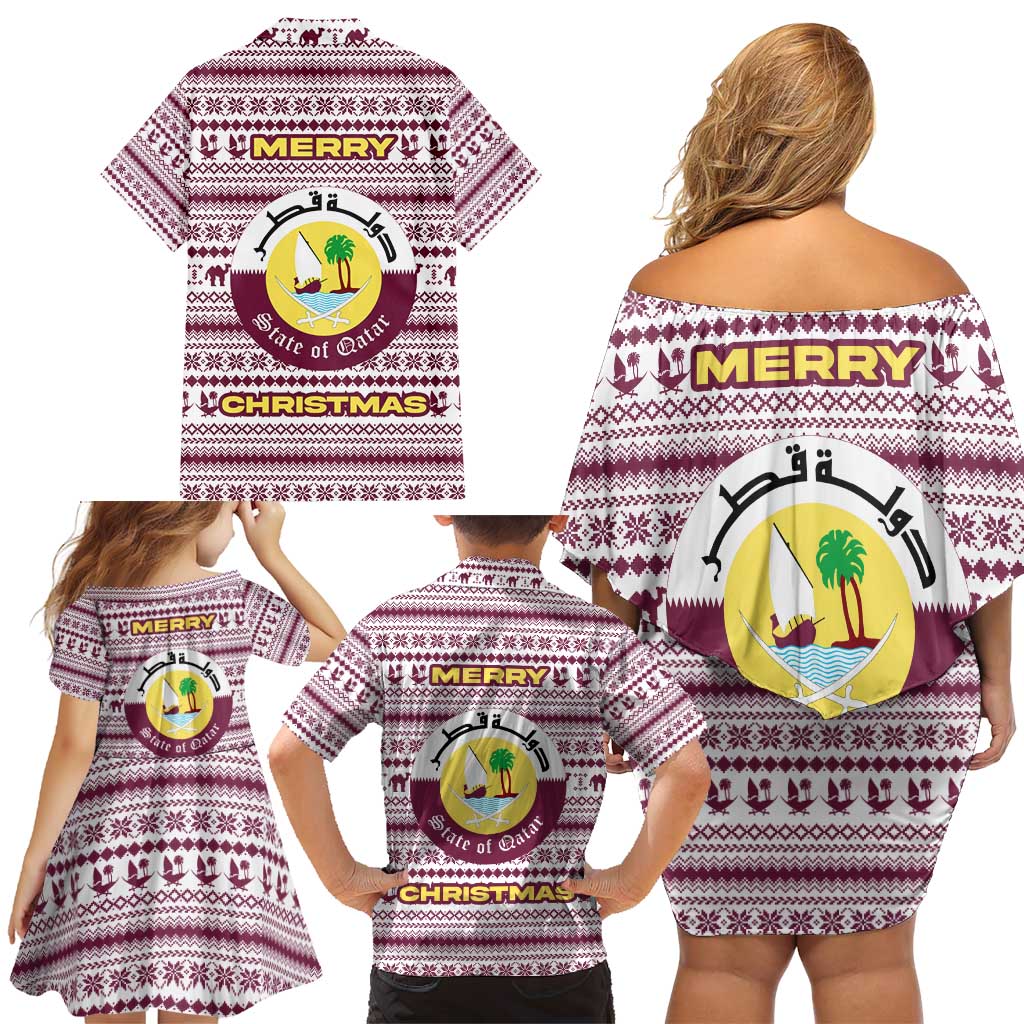 Qatar Christmas Family Matching Off Shoulder Short Dress and Hawaiian Shirt with Maroon-White Pattern, National Emblem, and Camel Motif - Wonder Print Shop