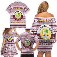 Qatar Christmas Family Matching Off Shoulder Short Dress and Hawaiian Shirt with Maroon-White Pattern, National Emblem, and Camel Motif - Wonder Print Shop