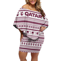 Qatar Christmas Family Matching Off Shoulder Short Dress and Hawaiian Shirt with Maroon-White Pattern, National Emblem, and Camel Motif - Wonder Print Shop