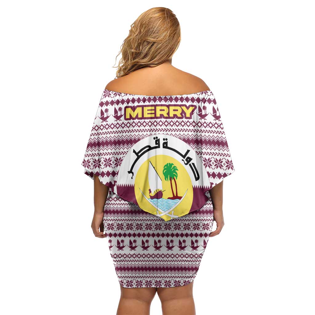 Qatar Christmas Family Matching Off Shoulder Short Dress and Hawaiian Shirt with Maroon-White Pattern, National Emblem, and Camel Motif - Wonder Print Shop