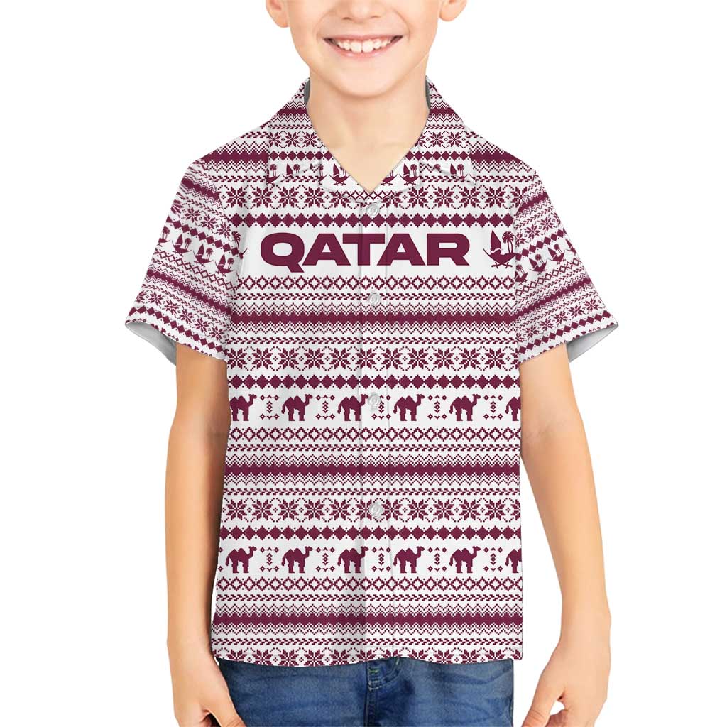 Qatar Christmas Family Matching Off Shoulder Short Dress and Hawaiian Shirt with Maroon-White Pattern, National Emblem, and Camel Motif - Wonder Print Shop