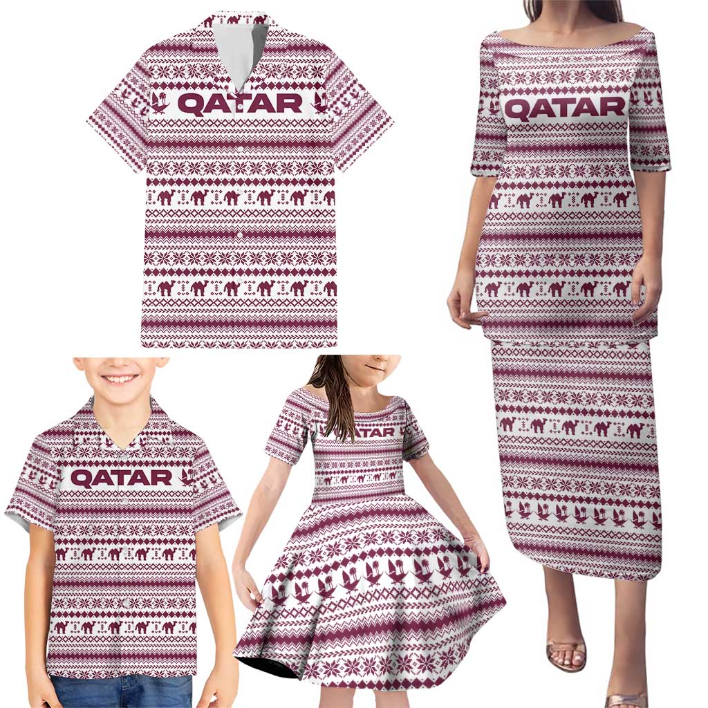 Qatar Christmas Family Matching Puletasi and Hawaiian Shirt with Maroon-White Pattern, National Emblem, and Camel Motif - Wonder Print Shop