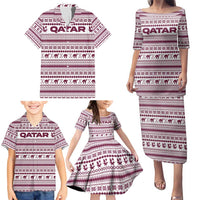 Qatar Christmas Family Matching Puletasi and Hawaiian Shirt with Maroon-White Pattern, National Emblem, and Camel Motif - Wonder Print Shop