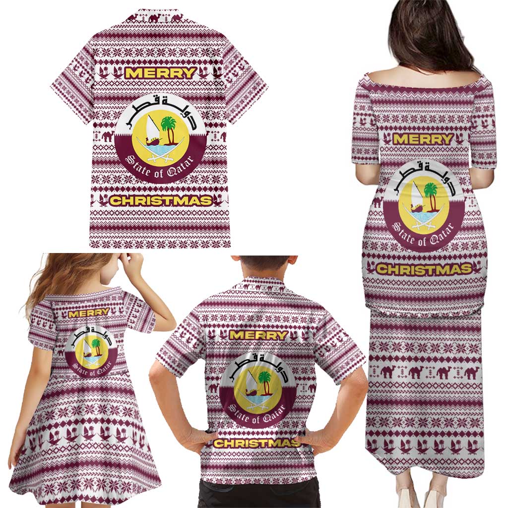 Qatar Christmas Family Matching Puletasi and Hawaiian Shirt with Maroon-White Pattern, National Emblem, and Camel Motif - Wonder Print Shop