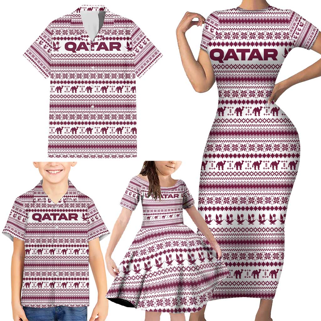 Qatar Christmas Family Matching Short Sleeve Bodycon Dress and Hawaiian Shirt with Maroon-White Pattern, National Emblem, and Camel Motif - Wonder Print Shop