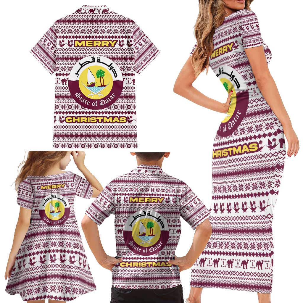 Qatar Christmas Family Matching Short Sleeve Bodycon Dress and Hawaiian Shirt with Maroon-White Pattern, National Emblem, and Camel Motif - Wonder Print Shop