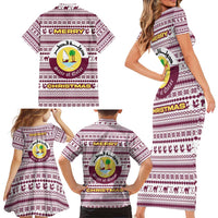 Qatar Christmas Family Matching Short Sleeve Bodycon Dress and Hawaiian Shirt with Maroon-White Pattern, National Emblem, and Camel Motif - Wonder Print Shop